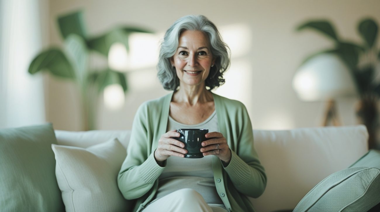 Elegant woman around 60 with natural gray-blonde hair sitting calmly at home holding a ceramic cup with both hands, warm morning sunlight, soft sage green cardigan over a light top, relaxed and confident expression, Scandinavian interior, soft beige and olive tones, premium feminine wellness aesthetic, cinematic natural light, photorealistic, shallow depth of field, calm and trustworthy atmosphere, osteoporosis support brand style